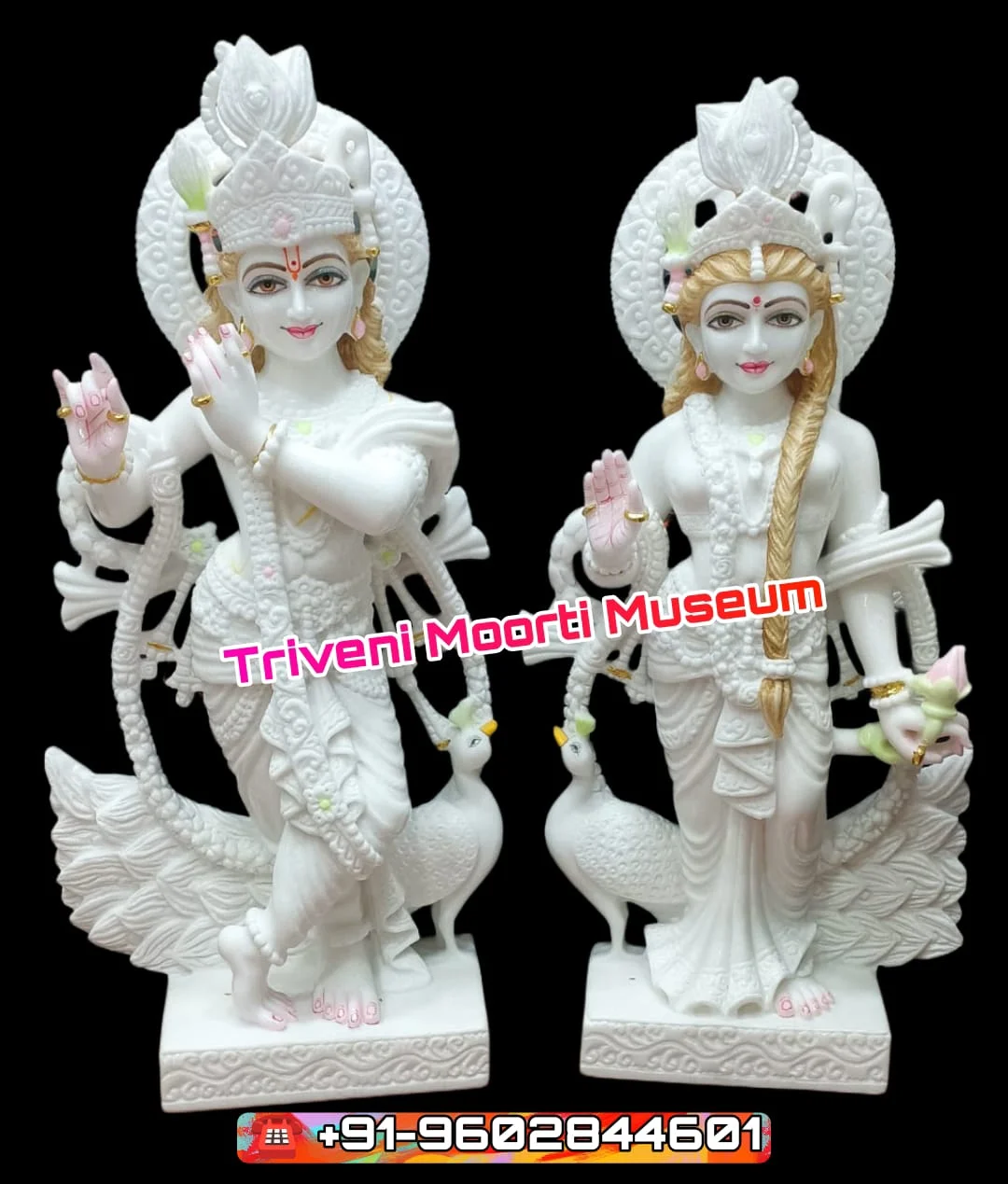 White Marble Radha Krishna with Peacock