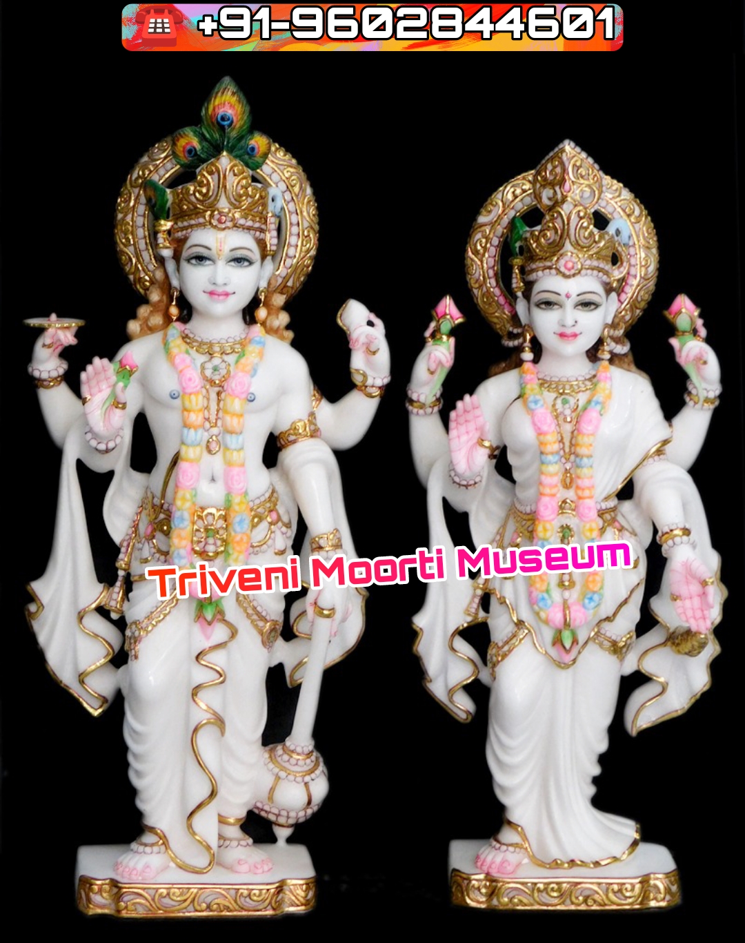 3 Feet Marble Laxmi Vishnu ji Statue with Golden Work
